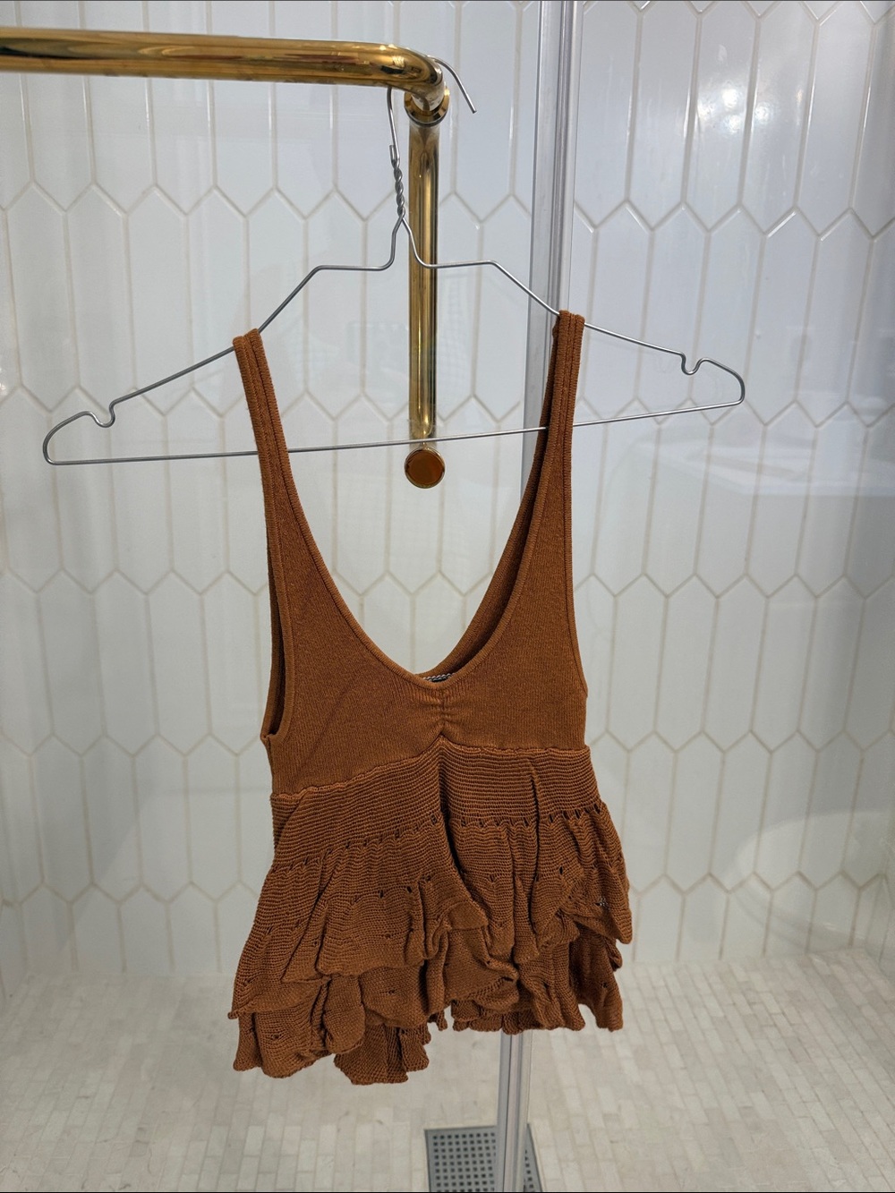 UO Kimchi Blue - Women’s Brown Ruffled Knit Tank Top
